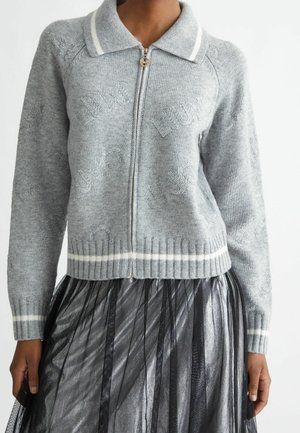 Vrouw draagt lichtgrijze gebreide trui met ritssluiting, subtiele reliëftekst en witte gestreepte accenten, gecombineerd met een metallic geplooide rok.