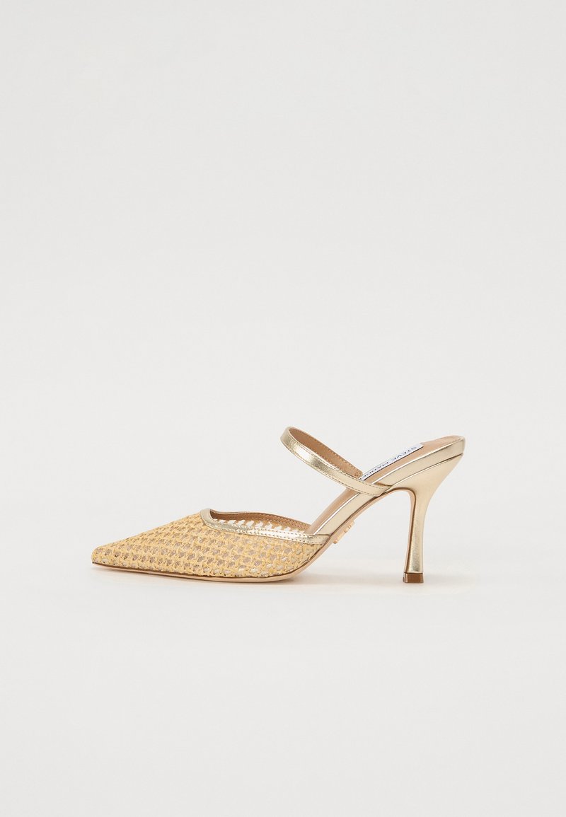 Sandálias de salto com bico fino, feitas de material dourado trançado, com um salto metálico fino e tira no tornozelo. O design possui um acabamento em dourado contrastante.