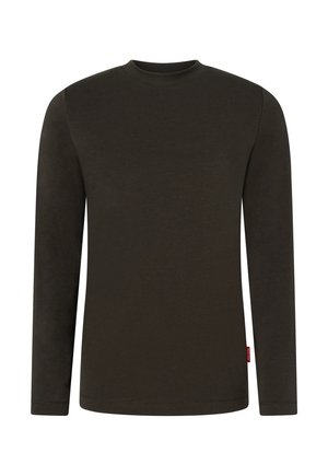 Effen donkergroen shirt met lange mouwen en ronde hals, met een klein rood label aan de onderste zijnnaad, getoond op een witte achtergrond.