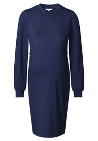 Robe bleu marine à manches longues, longueur genou, col rond et poignets ajustés, avec des manches légèrement bouffantes.