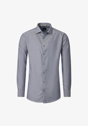Heren overhemd met lange mouwen en knopen in lichtgrijs, met een bloemenpatroon aan de binnenkant van de kraag, in een getailleerde pasvorm.