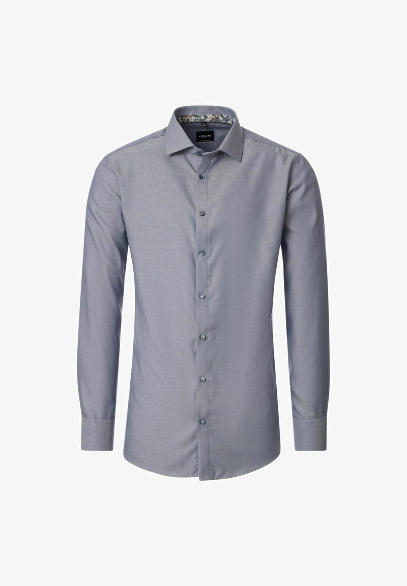 Męska koszula elegancka z długim rękawem, zapinana na guziki w jasnoszarym kolorze z kwiatowym wzorem wewnętrznego kołnierza, o dopasowanym kroju.