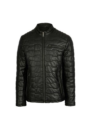 Svart läderjacka med quiltat mönster, hög krage, framsidans dragkedjestängning och två sidofickor. Slät textur och figursydd design.