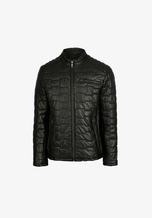 Mustast nahast jakk, millel on tikandid, kõrge krae, esine tõmblukk ja kaks kylgpocketit. Sile tekstuur ja sobiv disain.