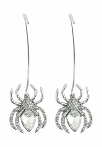 Silver-tone spider earrings featuring intricate leg design and a central clear gemstone, accented with smaller stones around the body.
