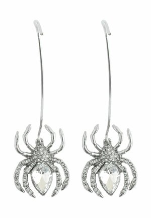 Silver-tone spider earrings featuring intricate leg design and a central clear gemstone, accented with smaller stones around the body.