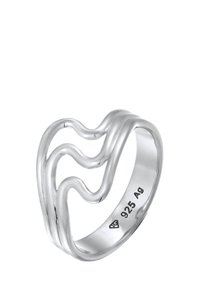 Silberring 925 mit drei fließenden, wellenförmigen Bändern, polierte Oberfläche, glatte Textur und runde Form. Geprägt mit "925 Ag."