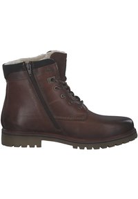 Stivaletto in pelle marrone con finitura testurizzata, chiusura a lacci sul davanti, cerniera laterale e morbido rivestimento in pelliccia sul colletto. Suola in gomma con battistrada.