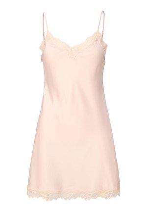 Vaaleanpunainen camimekko, jossa säädettävät spagettihihnat, pitsireunus pääntiellä ja helmassa, sileä kangas, polvipituinen malli.