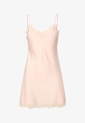 Vestito camicia di un rosa chiaro con spalline sottili regolabili, rifinitura in pizzo lungo lo scollo e l'orlo, tessuto morbido, design fino al ginocchio.