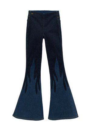 Dark blue flared jeans with a darker flame pattern rising from the wide leg openings.