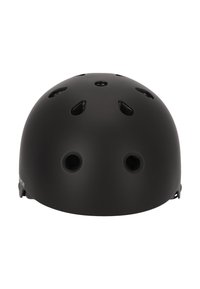 Sort hjelm med en glat mat finish, rund form, flere ventilationshuller og en sikker stropfastgørelse bagpå.