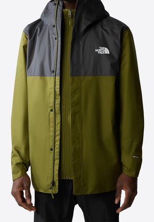 Wasserabweisende Jacke mit zweifarbigem Design: Olivgrün und Grau. Verfügt über einen Reißverschluss vorne, eine Kapuze und das Logo von "The North Face".