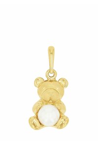 Colgante de oso de peluche dorado sosteniendo una perla blanca lisa, con un lazo para sujetarlo a un collar o pulsera.