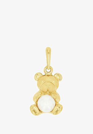 Gold teddy bear pendant holding a smooth white pearl, with a loop for attaching to a necklace or bracelet.