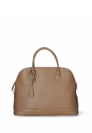 Sac à main en cuir marron avec une forme arrondie, deux poignées et une surface texturée. Présente des accessoires en métal argenté et une fermeture éclair.
