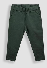 Pantalones de algodón verde oscuro con cinturilla elástica, que cuentan con dos bolsillos delanteros y piernas ajustadas. Textura suave y diseño sencillo.