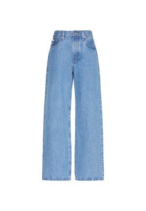 Lichtblauwe spijkerbroek met hoge taille, brede pijpen, voorzakken, ceintuurlussen en knoopsluiting.