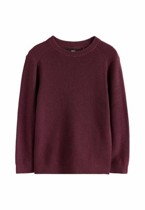 Long-sleeve crew neck sweater in dark burgundy knit fabric with ribbed collar, cuffs, and hem, laid flat on a white background.