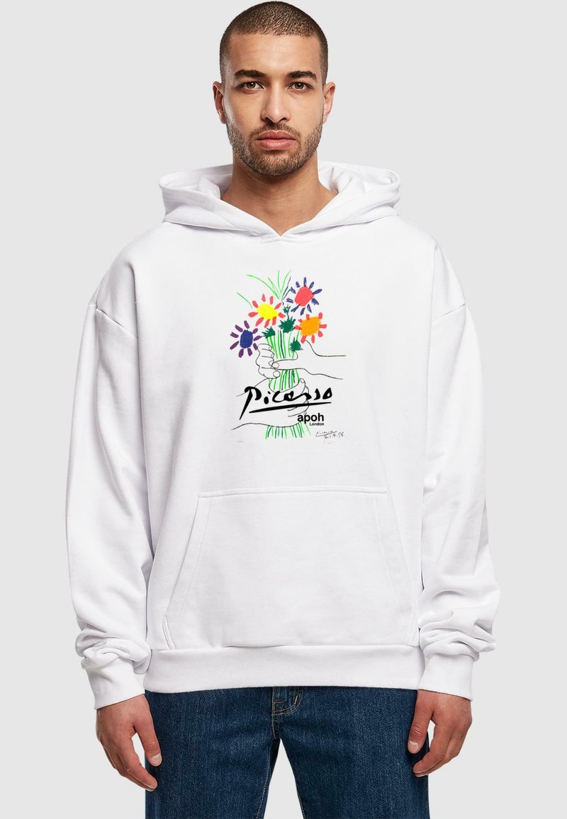 Felpa bianca con tasca frontale e maniche lunghe, con un design floreale colorato e il testo "Picasso" stampato sul petto.
