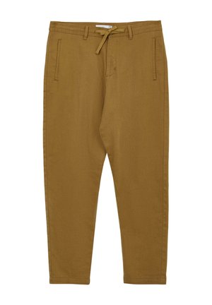 Brown tapered pants with belt loops, side slit pockets, and a front drawstring tie closure.
