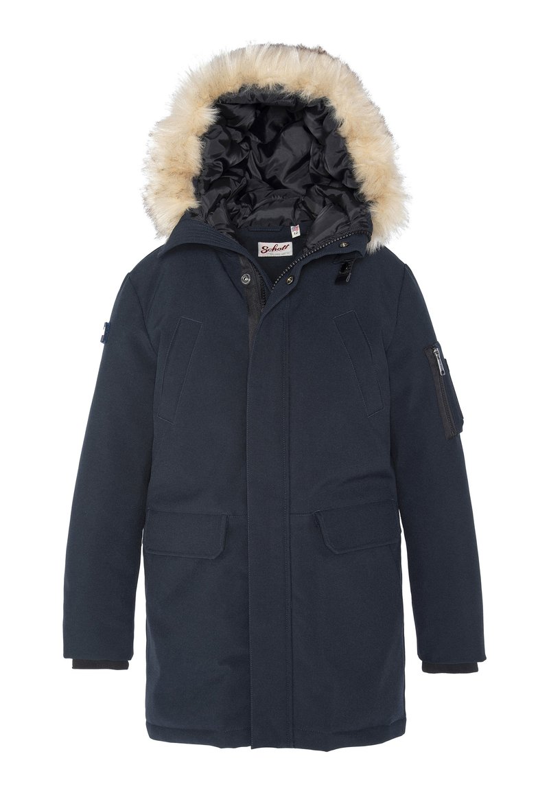 Parka blu scuro con bordo in pelliccia sintetica sul cappuccio, tasca con zip sull'avambraccio e due tasche anteriori con pattina. Tessuto liscio, foderato e isolato.