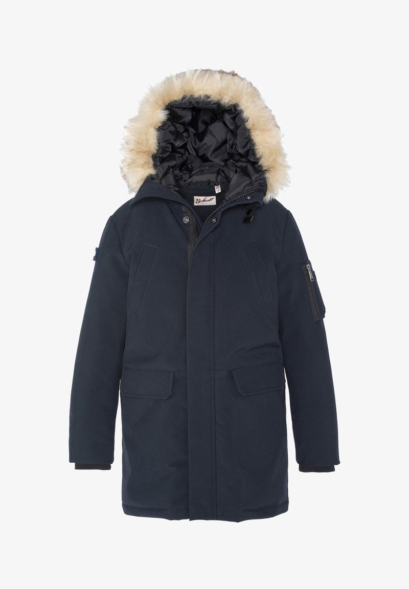 Parka blu scuro con bordo in pelliccia sintetica sul cappuccio, tasca con zip sull'avambraccio e due tasche anteriori con pattina. Tessuto liscio, foderato e isolato.