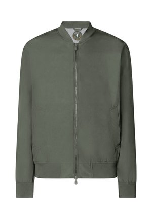 Giacca bomber verde con zip frontale, due tasche laterali, collo, polsini e fascia in costina, mostrata frontalmente su sfondo bianco.