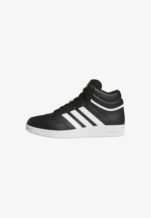 Black high-top sneakers made of leather, featuring three white stripes, round toe, and a rubber sole with a textured finish.