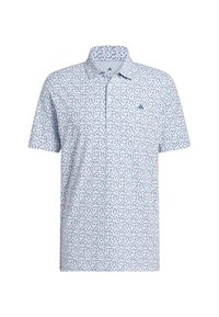 Kortærmet polo i lyseblå med et gentaget mønster af små røde og marineblå former, med krave og logo på venstre bryst.