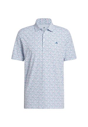 Kurzärmeliges Polohemd in Hellblau mit einem wiederholten Muster kleiner roter und marineblauer Formen, ausgestattet mit einem Kragen und einem Logo auf der linken Brust.