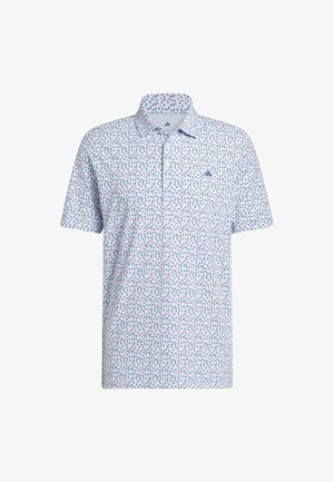 Kurzärmeliges Polohemd in Hellblau mit einem wiederholten Muster kleiner roter und marineblauer Formen, ausgestattet mit einem Kragen und einem Logo auf der linken Brust.