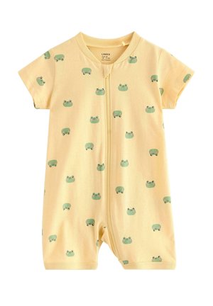 Gul kortærmet babyheldragt med frontlynlås og gentaget mønster af grøn frøansigt.