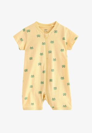 Gul kortærmet babyheldragt med frontlynlås og gentaget mønster af grøn frøansigt.