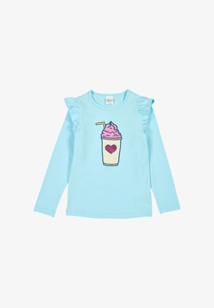 Lange mouwen, lichtblauwe blouse met ruches, featuring een geborduurd ontwerp van een ijsbeker in roze en beige met een rood hart.