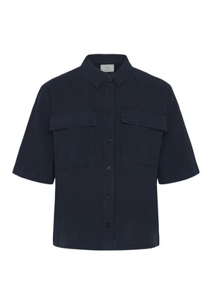 Chemise bleu marine à manches courtes avec boutonnière, deux poches à rabat sur la poitrine et col pointu.