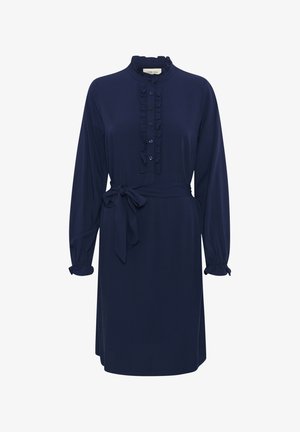 Tamsiai mėlynas suknelė, pagaminta iš minkštos medžiagos, su raukšlėtu apykakle, mygtukų užsegimu, ilgomis rankovėmis su surinktomis apykaklėmis ir juosmens dirželiu.