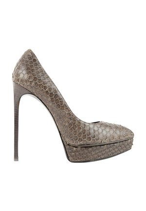 High-heeled platform pump with brown textured snakeskin pattern and a thin stiletto heel against a white background.