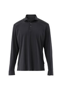 Langarm schwarzes Poloshirt mit klassischem Kragen, drei Knöpfen und glatter Stoffoberfläche. Es hat eine lockere Passform.