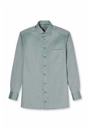 Herren-Langarmhemd mit Knöpfen in Hellgrün, spitzem Kragen und Brusttasche, flach auf weißem Hintergrund ausgelegt.