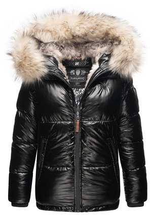 Chaqueta de invierno negra acolchada con capucha de piel sintética, cierre frontal con cremallera, bolsillos laterales y puños elásticos. El material tiene un acabado brillante.