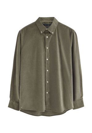 Olijfgroene button-up shirt van zachte stof, met een klassieke kraag, witte knopen en een klein logo geborduurd op de borst.