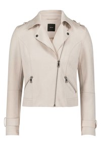 Lysebeige jakke i kunstlæder med biker-stil, der har sølvfarvede detaljer, lynlåslommer, en krave med hak og lange ærmer.