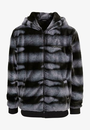 Mīksts kapuce mētelis melnā un pelēkā krāsā ar rāvējslēdzēju priekšā. Iespējas: maiga tekstūra, ribotas piedurknes un logo uz krūtīm.