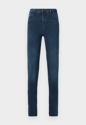 Kapeankaiset farkut tummassa denimmissä, joissa on sileä pinta, klassinen viisi-taskumalli ja vetoketjulla varustettu napitus.