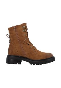 Brązowy zamszowy botek za kostkę z okrągłym czubkiem, sznurowanym przodem, bocznym zamkiem błyskawicznym oraz teksturowaną czarną gumową podeszwą zapewniającą przyczepność.