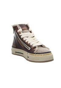 Brown high-top sneakers with a frayed texture, cream laces, side zipper, and rubber sole featuring text "WHERE IS LOVE THERE IS."
