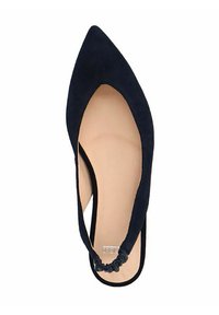 Scarpa slingback in suede blu navy, con punta affusolata, che presenta un design con aperture e un dettaglio elastico sul tallone per una vestibilità sicura.