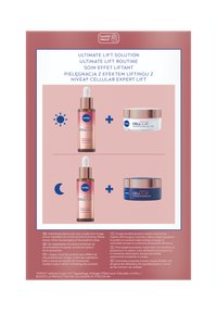 NIVEA Cellular Expert Lift Duo mit einer rosafarbenen Serumflasche mit Pipette und einem weißen Tiegel mit goldfarbenem Deckel vor einem hellrosa Hintergrund.