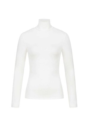 Witte turtleneck top met lange mouwen, gladde textuur, nauwsluitend ontwerp, rekbare stof, met een klassieke ronde kraag en zonder zichtbare patronen of accenten.